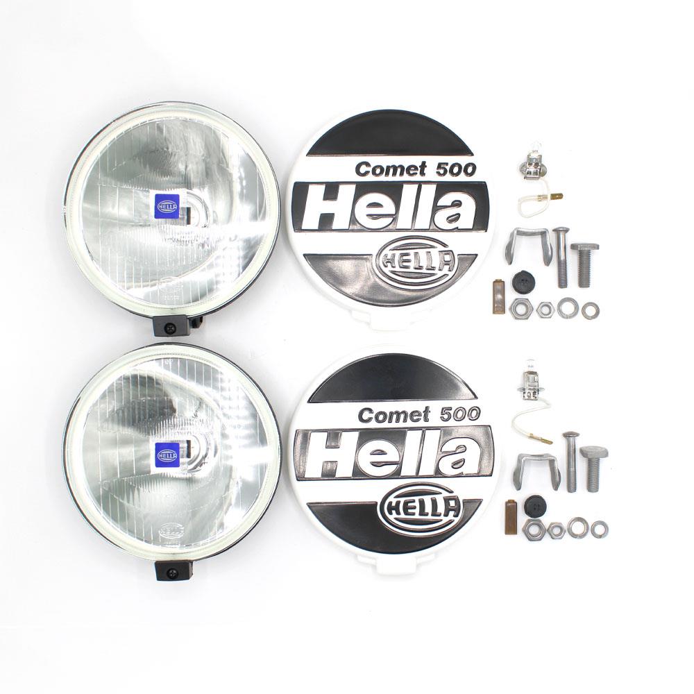 LSC 1F4005750101 : PAIR OF Genuine HELLA Comet 500 Spotlights. Halogen High Beam Lights with Caps, Bulbs and Swivelling Mounting Brackets - NEW