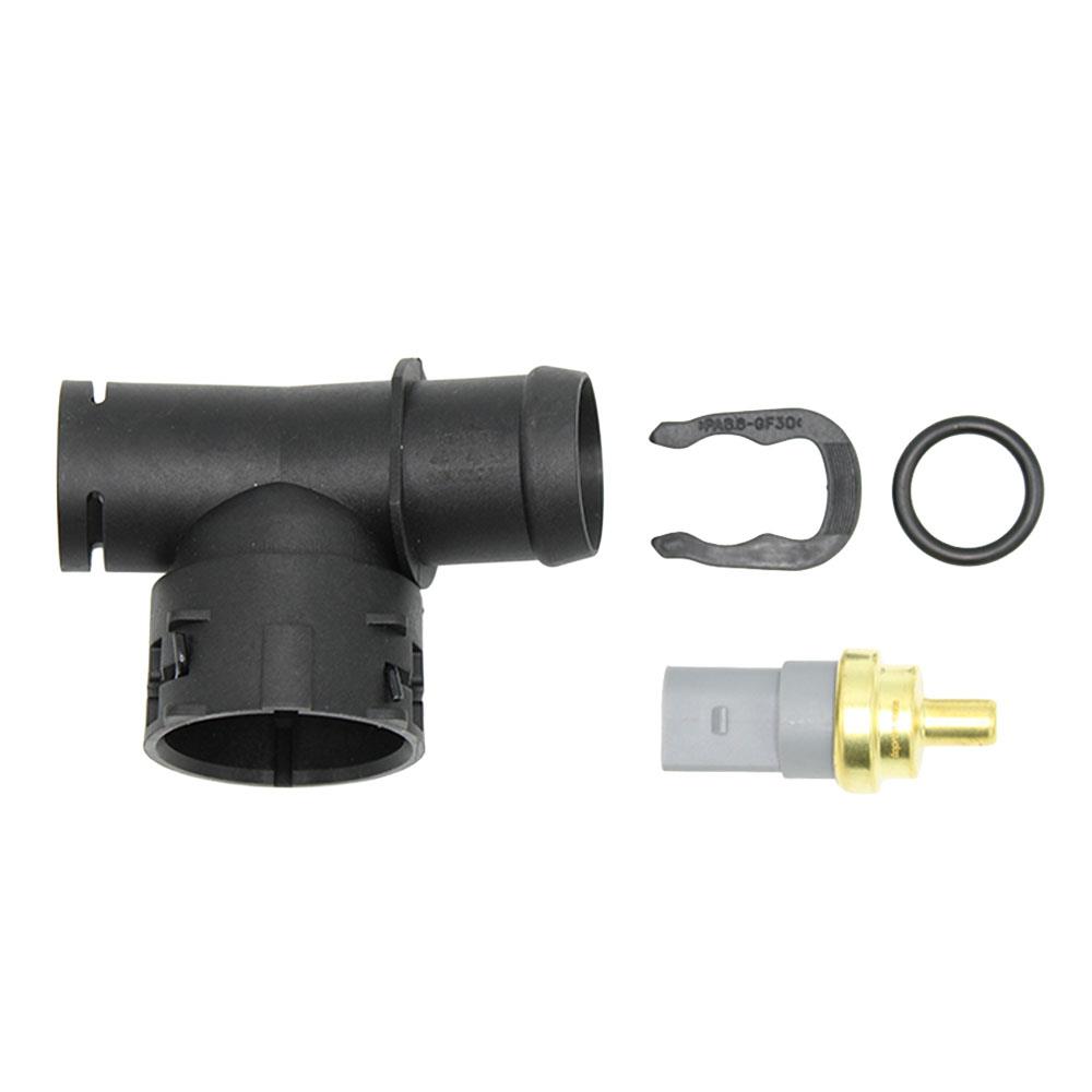 LSC 5Q0122291T : Lower Right Radiator Coolant Flange with Temperature Sensor and Seals - NEW